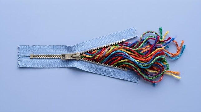 Colorful Yarn Unzipping from Blue Zipper Creative Concept.