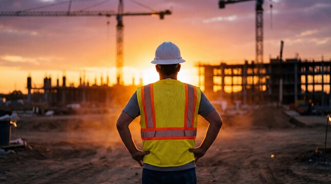 Construction Worker in Hard Hat and Safety Vest Overseeing Building Site at Sunset Majestic Horizon Glow