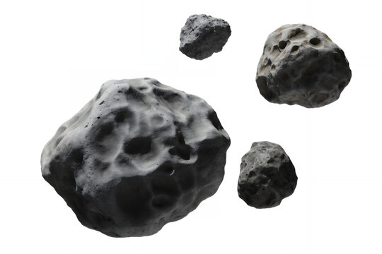 Four dark gray asteroids floating on white background space rocks meteorites