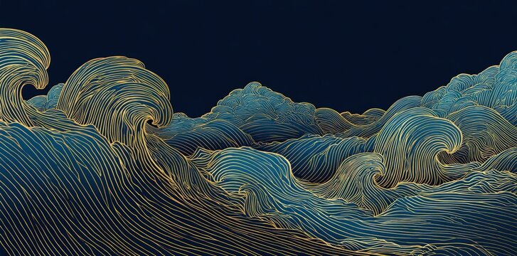 Ornate gold lines trace abstract oceanic waves against dark