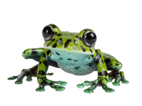 Vibrant green and black spotted tree frog with striking blue underbelly, a captivating amphibian isolated on transparent background, perfect for wildlife projects PNG