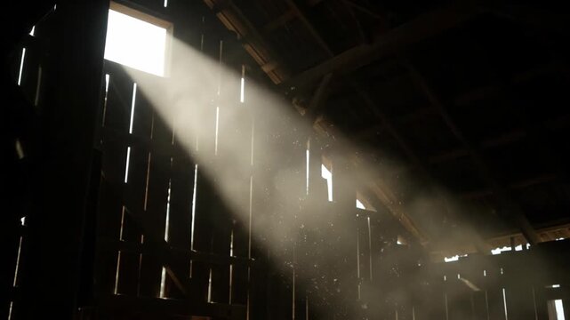 Sunlight beams through a window into a dark wooden structure