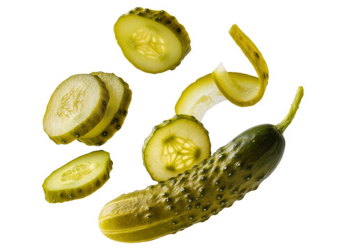 Fresh green cucumber and various sliced pieces, including round cuts and a peeled strip, isolated on transparent background, perfect for healthy food concepts PNG