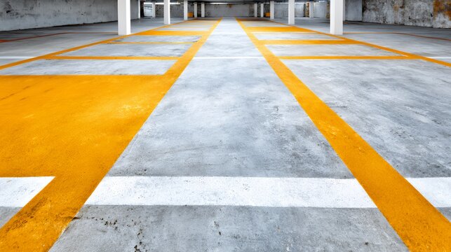 Empty parking garage with yellow and white painted lines
