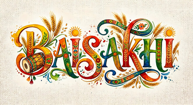 Happy baisakhi harvest festival, typography text design, punjabi sikh celebration, festive greeting watercolor style on jute texture background.