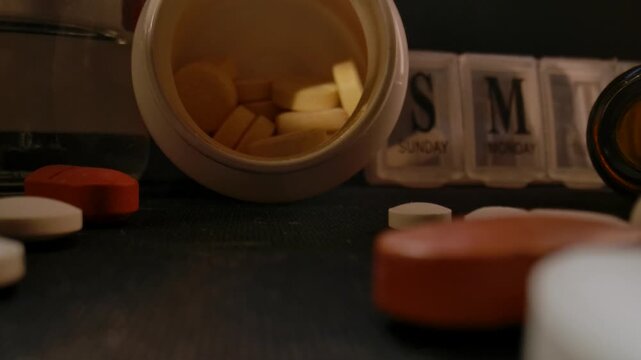 A macro shot of medicine bottles, weekly pill organizer and scattered tablets on a dark surface. Concept of healthcare, pharmacy, medication routine, treatment planning and medical advertising