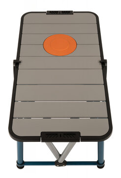 Gray portable folding cot with orange on view