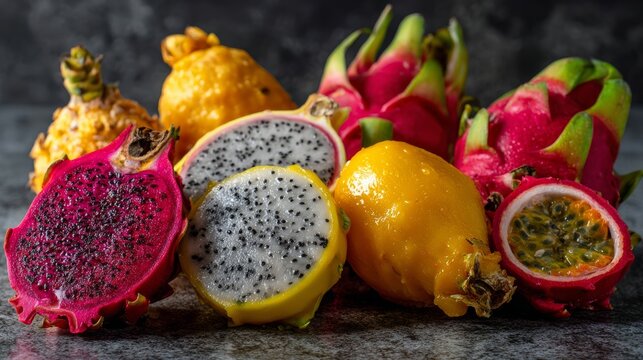 Exotic Dragon Fruits and Yellow Pitayas Displayed Together
