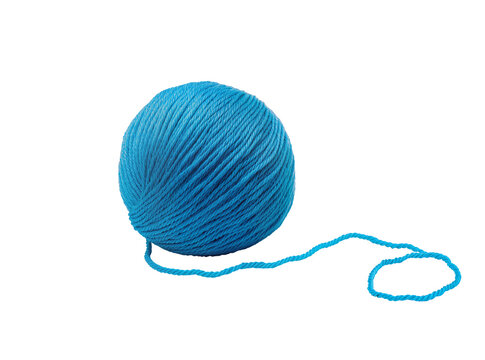 Vibrant blue yarn ball with a loose thread forming a loop, perfect for knitting and crafting projects, isolated on a clean background