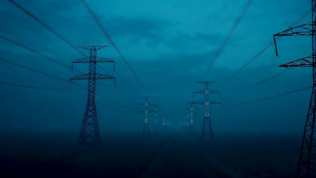 Moody Blue Foggy Landscape With Electricity Pylons And Power Lines Stretching Into Distance