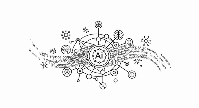 Abstract depiction of artificial intelligence with interconnected nodes and binary code
