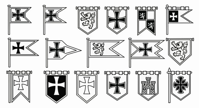 Collection of medieval banners and flags with crosses and heraldic lions
