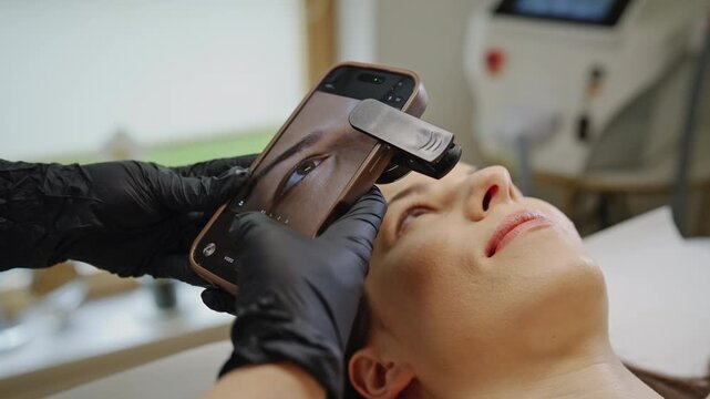 Close up eyebrow analysis before microblading using smartphone in beauty clinic
