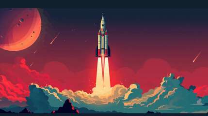 Rocket launching into space against crimson sky with planets and clouds © Mangku