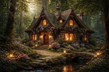 Fototapeta premium Enchanted forest cottage scene
