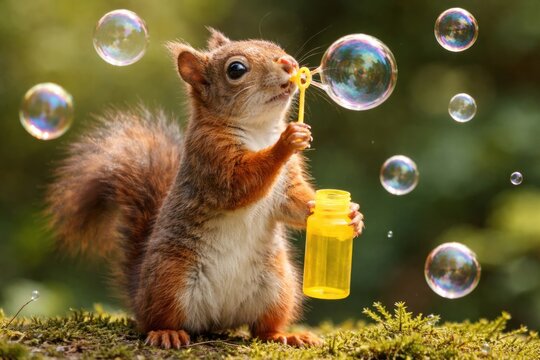 Squirrel blowing bubbles outdoors.