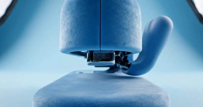 A sleek blue stapler resting on a smooth surface with a soft blue background, ideal for office use