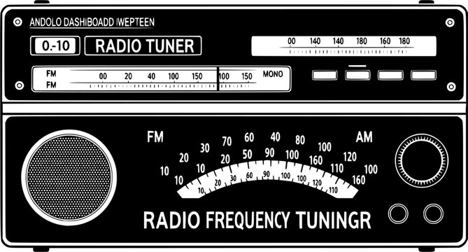 Radio tuner frequency tuning. Analoog dashboard inscription, control panel. Radio receiver tuner dial scale. Old hi-fi Stereo or mono tuner FM AM band. Radio frequency scales. Radio station signal