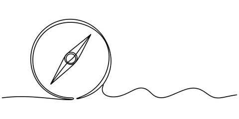 A minimalist single line drawing of a navigation compass depicting direction and travel concept Vector, illustration © Continues One Line D