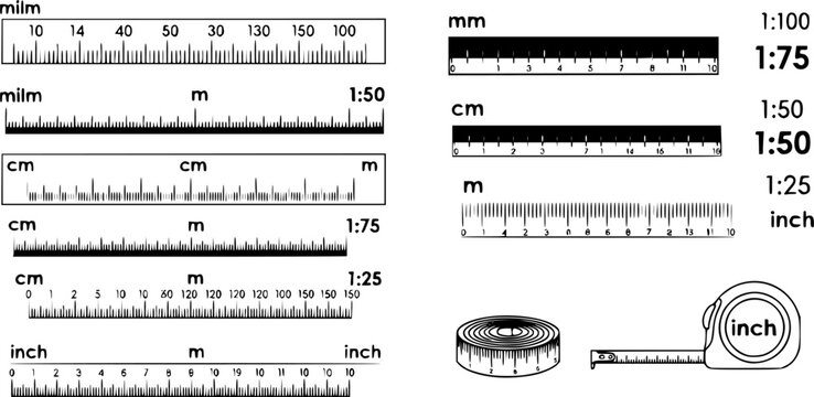 Grids for a ruler in millimeter, centimeter, meter and inch. Rulers mm, cm, m scale. metric units measuring scale bars for ruler. scale 1:100, 1:75, 1:50 and 1:25. Tape measure. Tools sign 