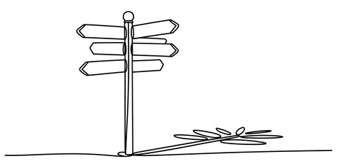 A single continuous line drawing of a tall signpost with multiple blank directional arrows shown Vector, illustration © Continues One Line D
