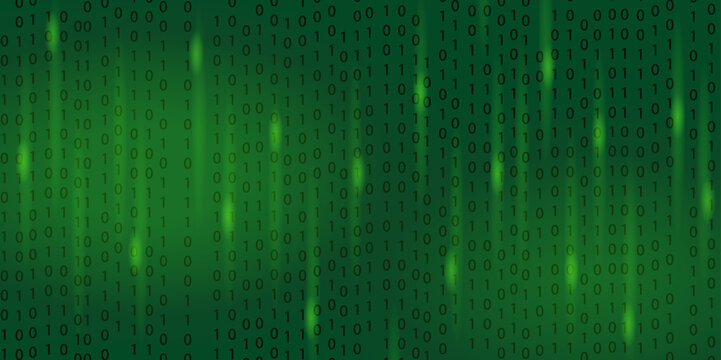 Vector green digital code rain in a matrix inspired futuristic style. High-tech backdrop with glowing binary characters