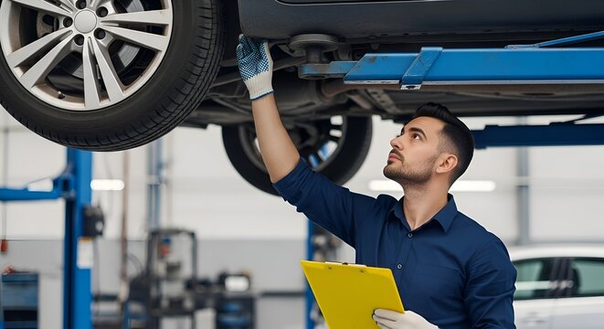 Mechanic Inspecting Car Undercarriage on Lift, Holding Clipboard in Auto Repair Shop