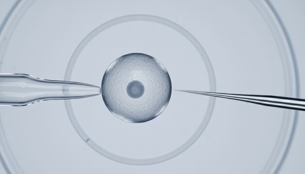 Human egg cell undergoing in vitro fertilization - ivf - process with micromanipulators, symbolizing assisted reproductive technology and scientific advancement in fertility treatment