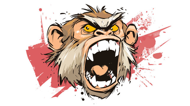 Cartoon angry monkey head with open mouth against red splatter background