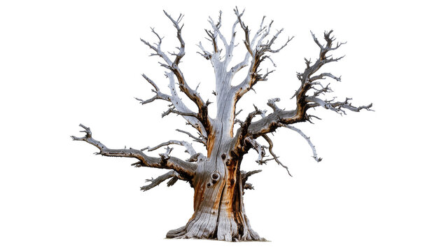 Isolated ancient dead gnarled bristlecone pine tree with weathered texture and intricate branches