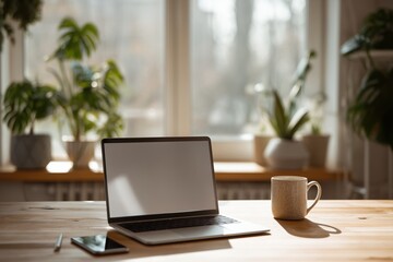 Fototapeta premium Modern minimalist home office workspace with laptop and coffee mug on wooden desk