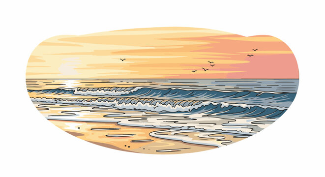 Gentle ocean waves lap a sandy beach under a warm, pastel sunset