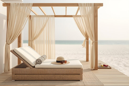 Private Beach Cabana Setup with Rolled Towels, Straw Hat, and Sunglasses on Sun Lounger over Wooden Deck, Baja California Spring Afternoon, Luxury Resort Vacation Concept
