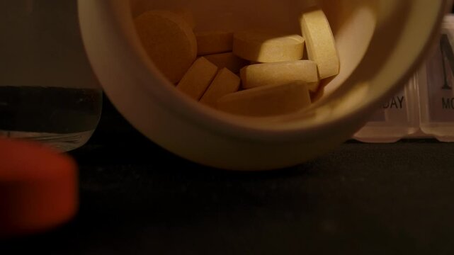 A macro shot of medicine bottles, weekly pill organizer and scattered tablets on a dark surface. Concept of healthcare, pharmacy, medication routine, treatment planning and medical advertising
