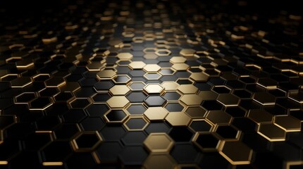 Fototapeta premium A glossy, futuristic surface composed of interlocking gold and black hexagons with a reflective, high-tech aesthetic.