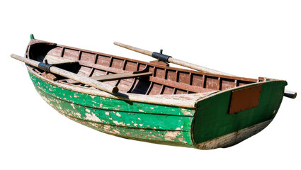 Isolated old green wooden rowboat with peeling paint and oars, vintage traditional boat © Constantin