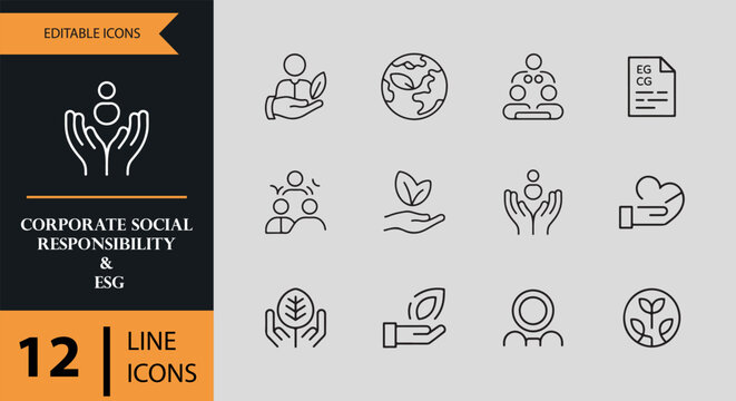12 Corporate Social Responsibility and ESG outline icon set. sustainability csr environmental governance outline icons