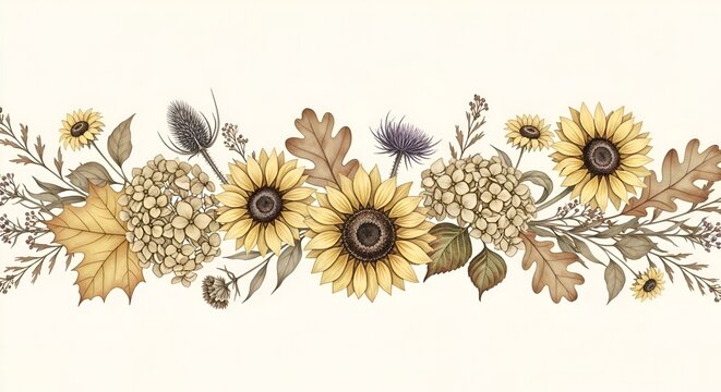 Autumn Floral Border with Sunflowers, Hydrangeas, and Oak Leaves