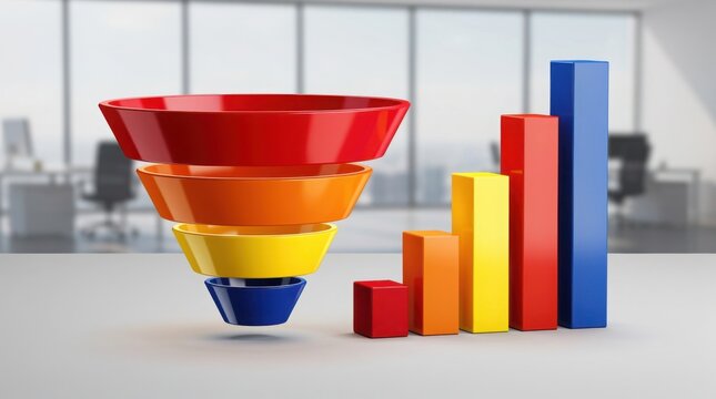 A colorful 3D funnel chart with descending layers next to an ascending bar graph in a modern office setting.