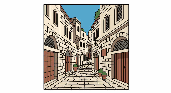 Narrow cobblestone street lined with old stone buildings and potted plants