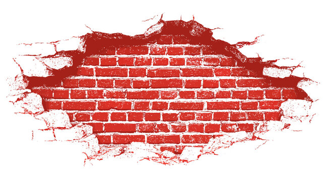 Red brick wall exposed through torn surface on a white background