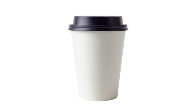 Isolated blank disposable paper coffee cup with black lid for hot beverages mock up