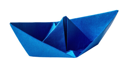 Isolated blue origami paper boat handmade craft symbolizing childhood, journey, and freedom