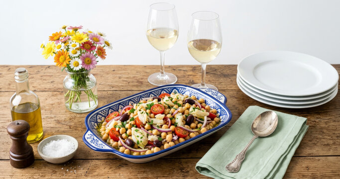 Chickpea salad with Portuguese-style cod in a decorated ceramic dish, accompanied by white wine on a rustic wooden table