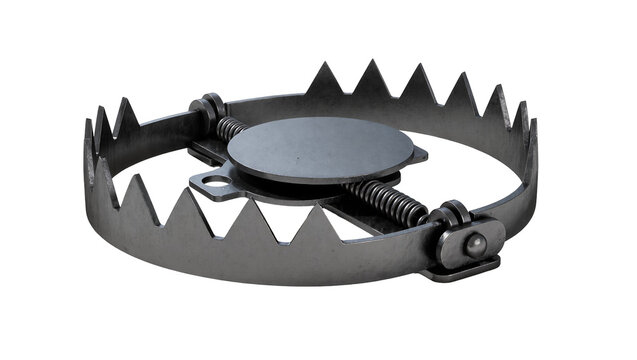 Isolated bear trap made of metal, a dangerous hunting device ready to snap, with sharp teeth