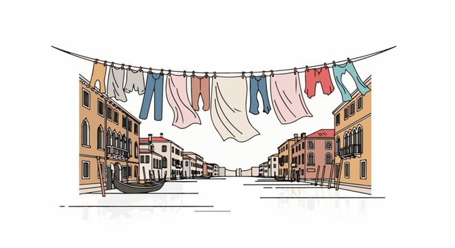 Clothes drying on a line above a canal with gondolas and buildings