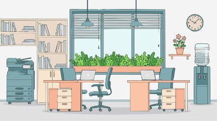 Modern office interior with desks, laptops, copier, bookshelves, and plants © Pixelply