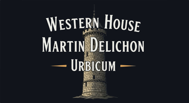 Stone tower with stylized text above and below