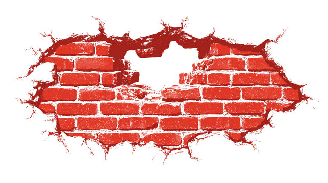 Hole in red brick wall with cracks symbolizing destruction or breakthrough
