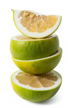 Stacked green lemons and lemon slices on white background